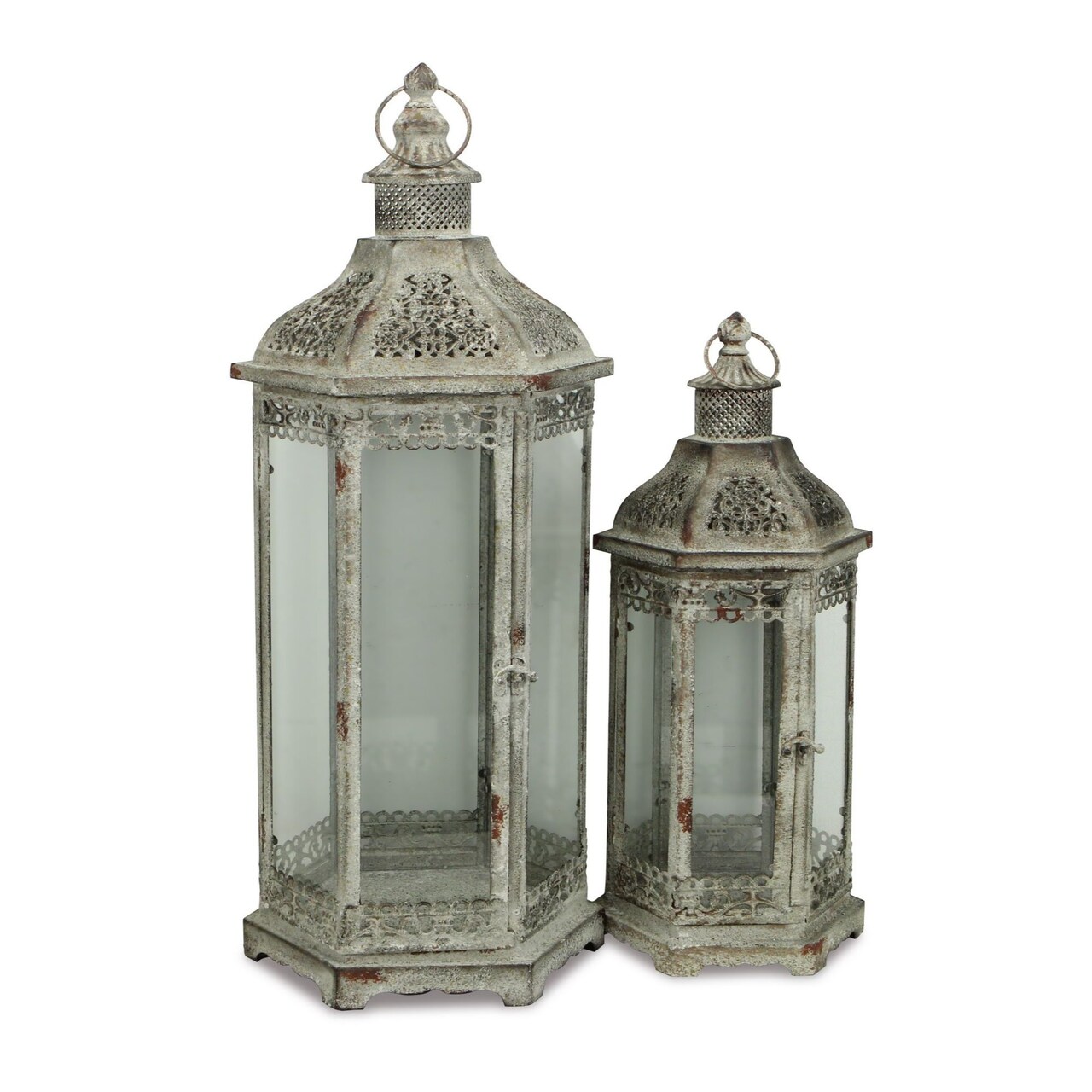 Contemporary Home Living Set of 2 Rustic Hexagonal Handmade Lantern with Glass Panels 29"